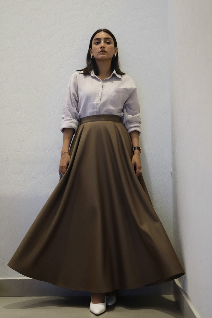 Mahogany The Modest Brown A-Line Plated Long Skirt